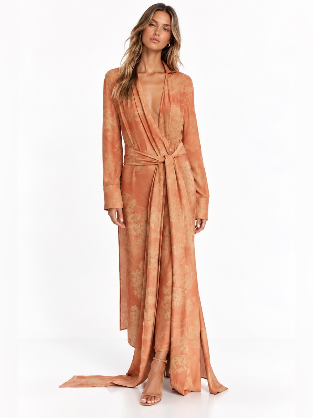 NWT 199$ Zara Peony-Print Wrap Robe in Rust Peach and Cream